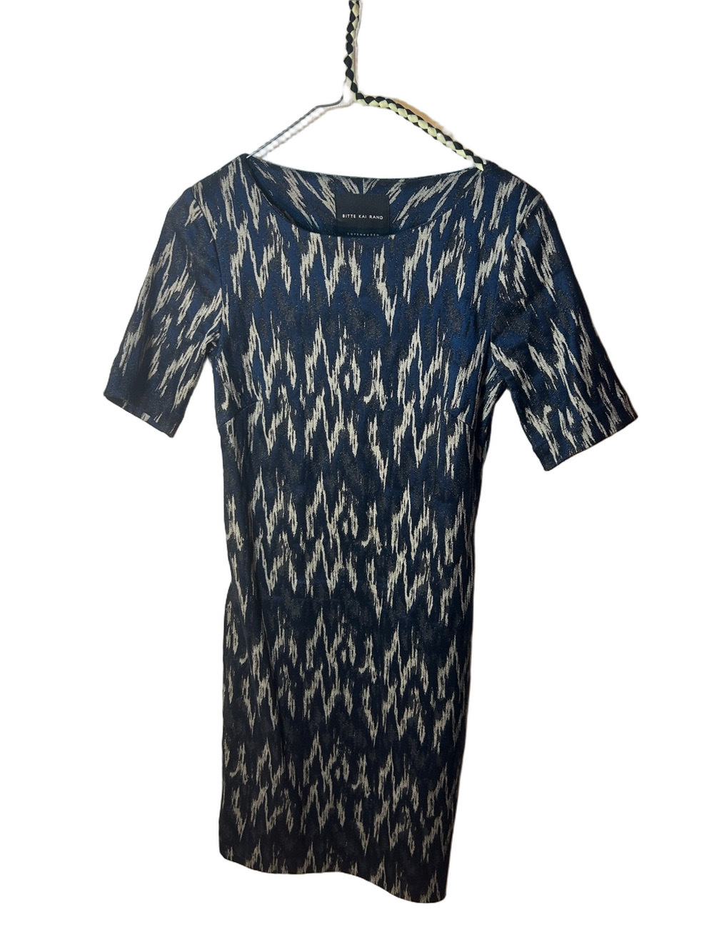 Bitte Kai Rand Ikat Navy and Cream Patterned Sheath Dress Size Small